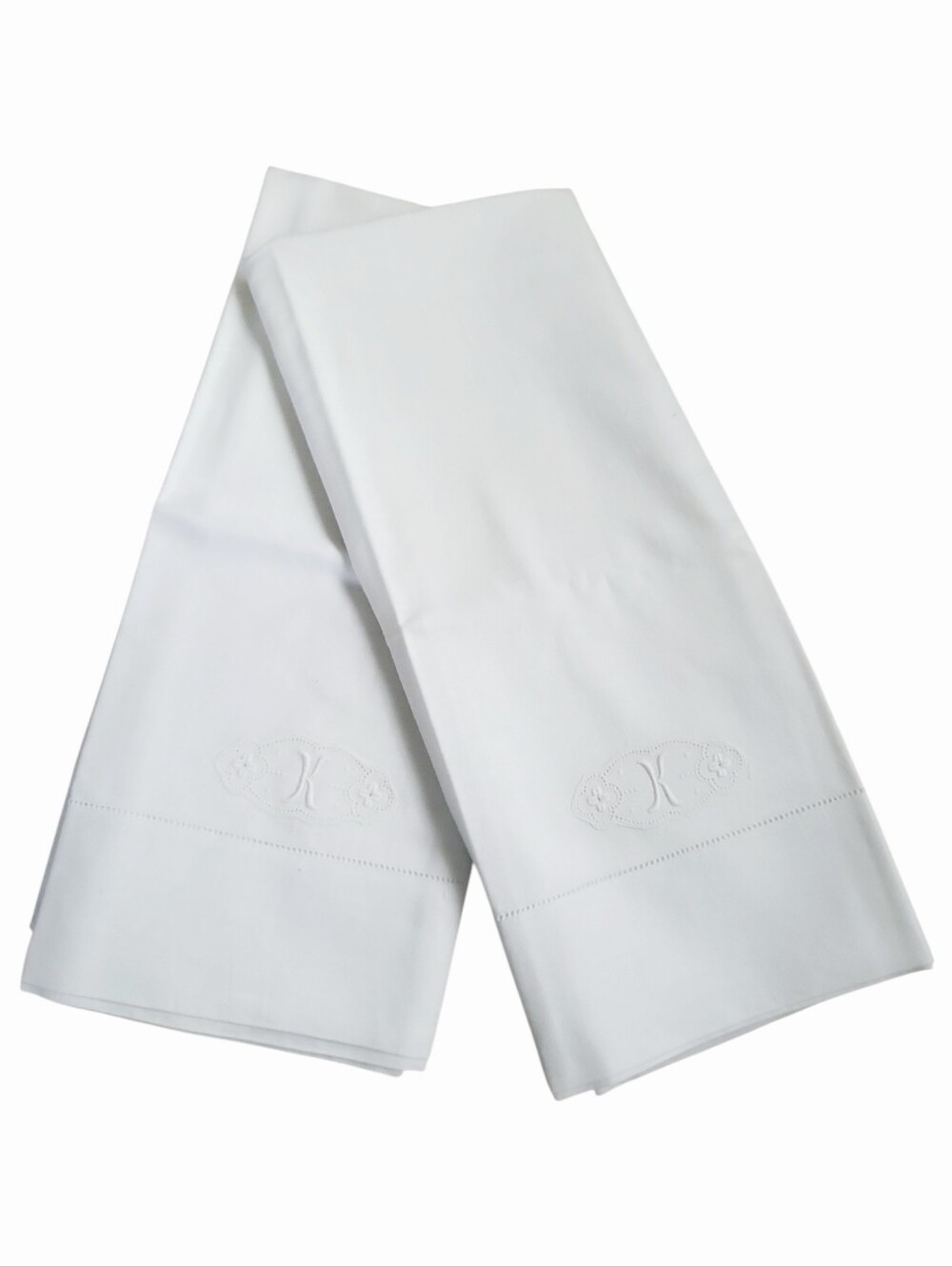 Vintage Monogram Inital "K" Ivory Linen Cotton Queen Pillowcases Set Of 2 - Picture 3 of 7